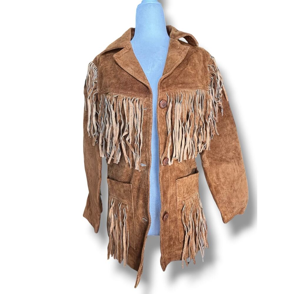 Vintage Tan Suede Leather Fringe Jacket Western Boho Cowgirl Leather Coat Small - Picture 9 of 9